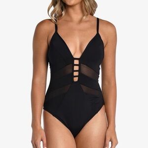 Black mesh one-piece swimsuit with plunge neckline